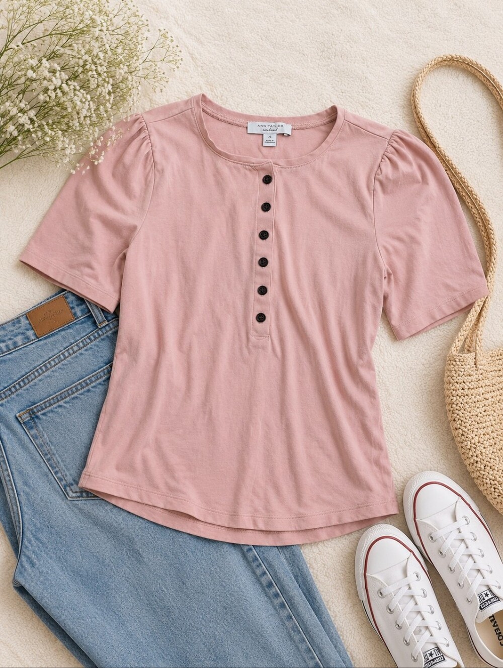 Ann Taylor Weekend Blush Pink Henley Top – XS